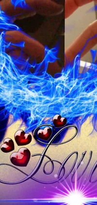 Get mesmerized by this stunning phone live wallpaper featuring two glittery red hearts on a table, surrounded by blue flames and smokey burnt love letters