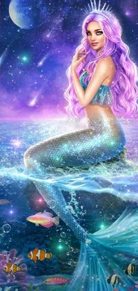 This stunning mermaid phone live wallpaper displays an enchanting design featuring a captivating mermaid on a swing in the shimmering ocean