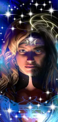 This enchanting phone live wallpaper portrays a mystical man with long hair and beard, surrounded by a dazzling constellation of stars and silver runes