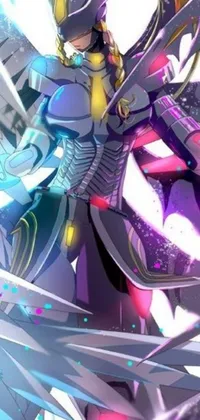 This phone live wallpaper showcases a stunning close-up of a futuristic character holding a silver sword with a holographic blade