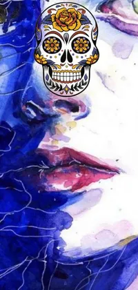 This live phone wallpaper features a captivating watercolor painting of a woman with a skull painted on her face, with a close-up of her wide open mouth and a dark, moody atmosphere