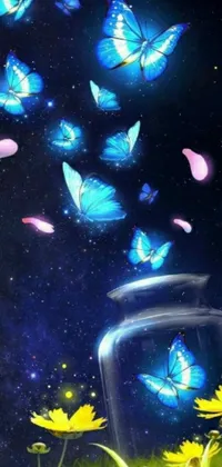 This phone live wallpaper depicts a fascinating digital artwork featuring a charming jar filled with fluttering butterflies