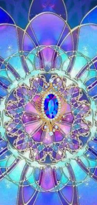 This live wallpaper features a stunning stained glass design of a flower with a vibrant blue center