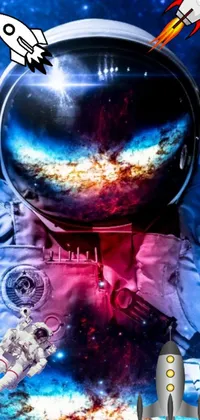 This live phone wallpaper showcases a spaceman in a spacesuit with a rocket in the background, set against the captivating galaxy