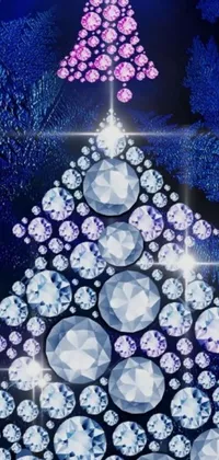 This phone live wallpaper features a digital rendering of a Christmas tree made entirely out of sparkling diamonds in sapphire blue hue