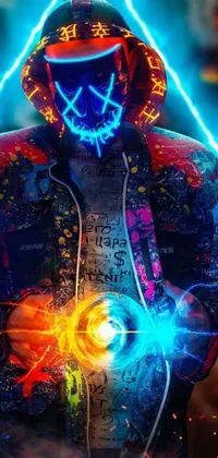 Looking for a stunning phone live wallpaper to add futuristic vibes to your display? Check out this cyberpunk art featuring a man in a neon hoodie holding a glowing object