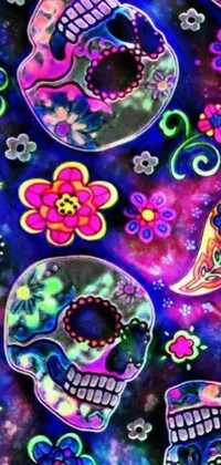 This live wallpaper showcases a vibrant and electrifying design featuring intricate sugar skulls and floral motifs against a stark black background
