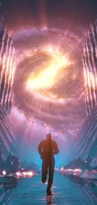 This live phone wallpaper depicts a mesmerizing galaxy with a radiant vortex portal in the center that seems to transport the viewer to another dimension