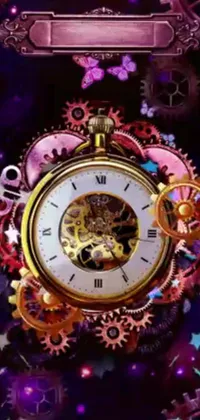 "Get a golden steampunk vibe with this digital clock live wallpaper on a purple background
