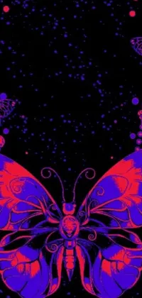 This phone live wallpaper features a mesmerizing purple and red butterfly on a dark background