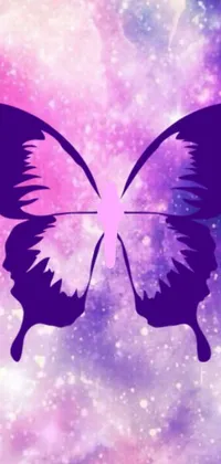 This phone live wallpaper depicts a colorful butterfly against a starry galaxy background, reminiscent of Lisa Frank designs