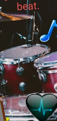 This phone live wallpaper showcases a close-up view of a drum set with a unique heart beat effect