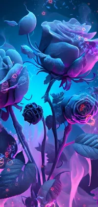 This phone live wallpaper boasts a stunning digital art portrayal of purple roses placed on a table