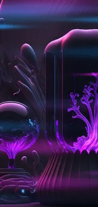 This phone live wallpaper features a 3D render of a purple vase on a table, surrounded by various digital art designs