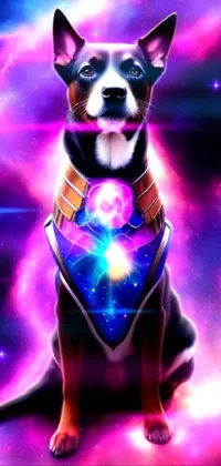 This phone live wallpaper features a furry husky donning a colorful bandana, sitting gracefully against a stunning galaxy background full of vibrant colors