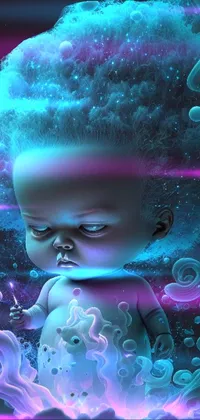 This phone live wallpaper showcases a stunning digital painting of a baby with blue hair