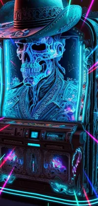 Get ready for an edgy and unique live wallpaper with a slot machine featuring a skull wearing a cowboy hat