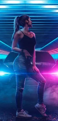 This phone live wallpaper displays a stunning cyberpunk art design with a woman on a skateboard in front of a neon light
