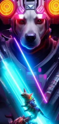 This futuristic live wallpaper depicts a cyberpunk-style robot standing alongside an adorable dog in furry art style