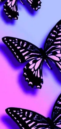 This captivating phone live wallpaper features three black and white butterflies spreading their wings against a pink and blue backdrop that's been beautifully colorized in shades of purple