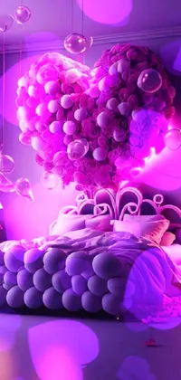 Experience an enchanting and vibrant live wallpaper on your phone with a bed filled with balloons in a heart shape