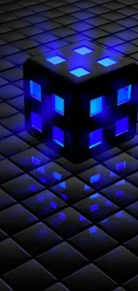 Get mesmerized by this stunning live wallpaper featuring a blue light on a black tiled floor in cubic-futuristic style