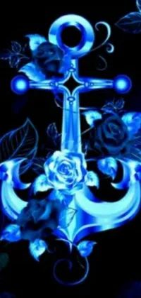 This live wallpaper features a blue anchor and roses atop a black background, rendered digitally in gothic art style by Shirley Teed