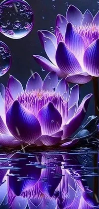 This phone live wallpaper showcases a stunning display of purple flowers floating on a serene water surface, illuminated by moonrays