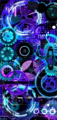 This unique phone live wallpaper depicts a digital art close-up of a clock with intricate, blue and purple cogs and wheels on a black background
