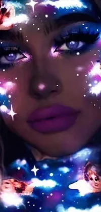 This stunning phone live wallpaper showcases an ultrarealistic digital art of a woman with stars painted on her face, accompanied by a sweet bunny girl with a glowing purple aura