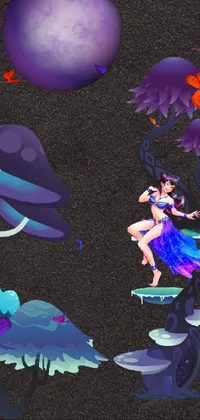 This mobile live wallpaper features a stunning fantasy composition, inspired by a dark mushroom forest theme - complemented with vibrant purple balloon and enchanting character cloaked in a peacock mage outfit
