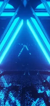 Futuristic live wallpaper featuring a space station adorned with neon lights, hologram, Reddit, triangle, official music video, brightly lit blue room, and neon samurai