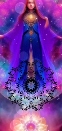 This stunning live wallpaper showcases a majestic woman clad in a purple dress, emanating a powerful aura with her regal bearing, surrounded by a mesmerizing display of cosmic stars and patterns