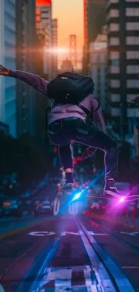 This phone live wallpaper features a dynamic digital art of a skateboarder mid-air
