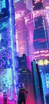 This stunning live phone wallpaper features cyberpunk art of a mysterious figure standing on top of a futuristic building