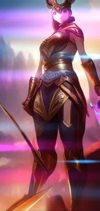 This dynamic live wallpaper for your phone features a fierce and powerful female warrior, wearing armor and wielding a sword