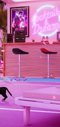 This live wallpaper features a black cat walking across a tennis court in a cyberpunk-inspired design with a vibrant pink room and neon shop lights
