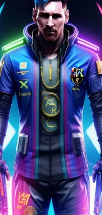 Intensify your phone's appearance with a vibrant live wallpaper showcasing a man donning a blue hair and cyberpunk jacket standing against a neon backdrop