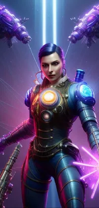 This phone wallpaper showcases a stunning digital artwork of a female character standing before spaceships with blaster fire lighting up the background
