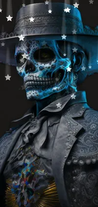 Looking for a unique and eye-catching live wallpaper for your phone? This 3D rendered image of a Mexican vaquero skeleton dressed in a suit and hat is sure to impress