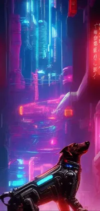 Looking for a sleek new phone wallpaper to complement your love of all things futuristic? Look no further than this incredible cyberpunk art design! Featuring a neon-outlined dog standing amidst a vividly details street, this wallpaper boasts a retrofuturistic feel that channels Outrun and Vorestation Borg Hound for a unique visual effect