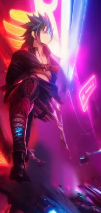 This phone live wallpaper features a futuristic scene with an angry character wielding a holographic sword