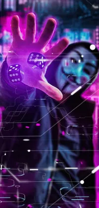 Looking for an eye-catching cyberpunk-inspired live wallpaper for your phone? Look no further than this amazing digital art display featuring an anonymous figure wearing a mask and holding a dice