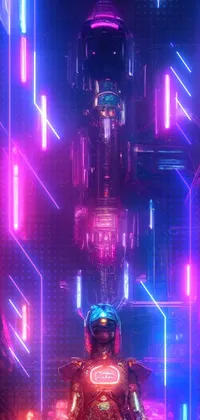 This live wallpaper displays a man in a futuristic city with neon lights and a retro sci-fi aesthetic