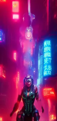 This phone live wallpaper features a cyberpunk man standing in a vivid cityscape at night