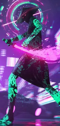 This phone live wallpaper features cyberpunk art, showcasing a person on a skateboard brandishing a futuristic sword