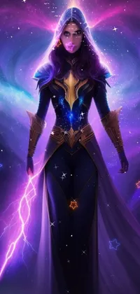 This phone live wallpaper features a magical image of a sorceress holding a lightning bolt