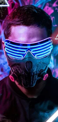 This live wallpaper features a cyber-punk inspired figure wearing a gas mask and neon glasses, set against a backdrop of red and blue neon lights