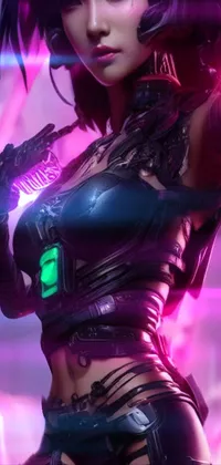 This stunning live wallpaper features cyberpunk art with a futuristic female figure clad in sleek outfit holding a gun