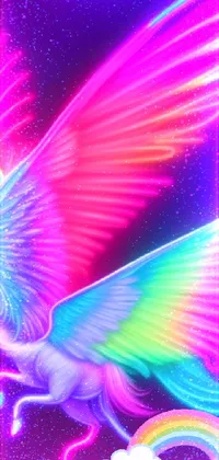 This fabulous phone live wallpaper features a visually striking image of a rainbow-colored unicorn flying through the skies with a vibrant psychedelic backdrop